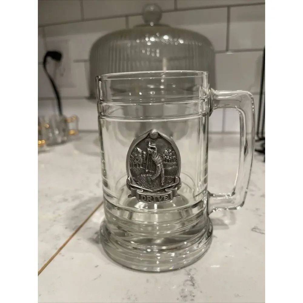 Drive!!Clear Glass Beer Stein Mug Raised Attached Golf Swing Pewter Medallion